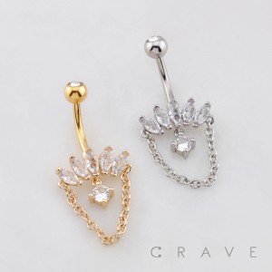 MARQUISE FAN CRESCENT CASCADE CZ WITH ROPE CHAIN BELLY BUTTON NAVEL RING 316L SURGICAL STEEL